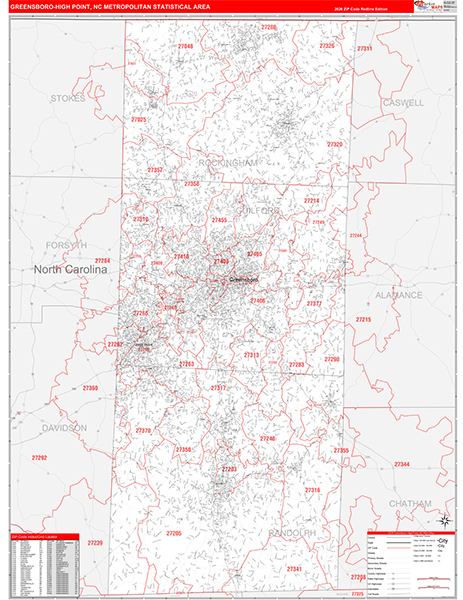 Greensboro-High Point Metro Area Wall Map Red Line Style